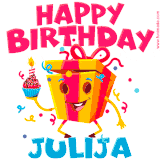 A vibrant and funny gift box character with a happy face dancing with a cupcake and the text 'Happy Birthday Julija,' surrounded by animated confetti and party vibes.