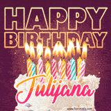 A colorful birthday cake topped with lit candles, with the words 'Happy Birthday Julijana' in bold glowing letters on a burgundy background. Animated flames add a festive touch.