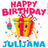 A vibrant and funny gift box character with a happy face dancing with a cupcake and the text 'Happy Birthday Julijana,' surrounded by animated confetti and party vibes.