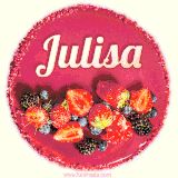 Beautifully decorated red velvet berry birthday cake with vibrant fruits and a glowing 'Julisa' name, adding a touch of sweetness and sparkle.