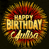Golden 'Happy Birthday Julisa' text accompanied by animated rainbow fireworks for a festive animated greeting.