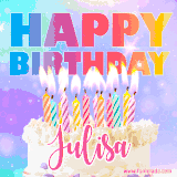 A vibrant animated name GIF with the words 'Happy Birthday Julisa' with colorful candles on a creamy cake. The background sparkles with pastel shades, adding a festive touch.