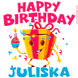 A vibrant and funny gift box character with a happy face dancing with a cupcake and the text 'Happy Birthday Juliska,' surrounded by animated confetti and party vibes.