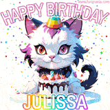 Adorable party-themed animated cat next to a lit birthday cake with text that says 'Happy Birthday Julissa,' surrounded by colorful decorations and sparkles.