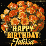 Animated bouquet of orange roses with moving butterfles and golden 'Happy Birthday Julissa' text, surrounded by sparkling accents and a dark backdrop for a luxurious feel.