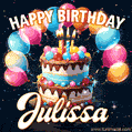 Hand-drawn happy birthday cake adorned with an arch of colorful balloons - name GIF for Julissa
