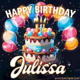Bright birthday animation for Julissa with a chocolate cake, candles, balloons, and glowing celebratory lights.