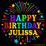 Personalized greeting card with name, colorful text that says 'Happy Birthday Julissa' surrounded by animated fireworks and multicolor stars