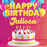 Pink-themed animated greeting with balloons, confetti, and a frosted cake under the message 'Happy Birthday Julissa' in bold rounded yellow font.