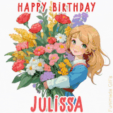 Bright floral birthday animation for Julissa showing a cute cartoon girl with golden hair and expressive eyes holding a huge bouquet, surrounded by birthday text.