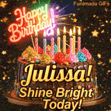 Shimmering birthday animation for Julissa featuring a delicious chocolate drip cake with glowing yellow candles.