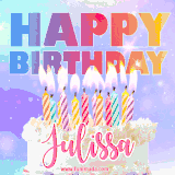 A vibrant animated name GIF with the words 'Happy Birthday Julissa' with colorful candles on a creamy cake. The background sparkles with pastel shades, adding a festive touch.