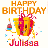 A vibrant and funny gift box character with a happy face dancing with a cupcake and the text 'Happy Birthday Julissa,' surrounded by animated confetti and party vibes.