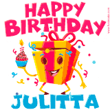 A vibrant and funny gift box character with a happy face dancing with a cupcake and the text 'Happy Birthday Julitta,' surrounded by animated confetti and party vibes.