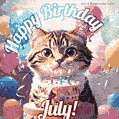 Happy birthday gif for July with cat and cake