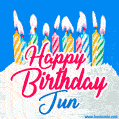 Happy Birthday GIF for Jun with Birthday Cake and Lit Candles