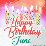Bright birthday candles with rainbow flames on a cake, alongside the text 'Happy Birthday June' in vibrant script in this celebratory animated GIF.