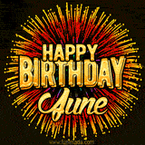 Golden 'Happy Birthday June' text accompanied by animated rainbow fireworks for a festive animated greeting.