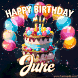 Bright birthday animation for June with a chocolate cake, candles, balloons, and glowing celebratory lights.