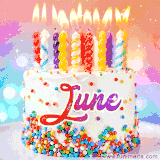 A cheerful white birthday cake with multicolor sprinkles, lit candles, and 'June' written in vibrant letters, in an animated GIF.