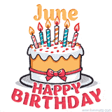 Cartoon birthday cake with a red bow, glowing candles, and 'June Happy Birthday' text in bold animated style.