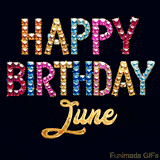 Vibrant luxury birthday greeting card for June, showing glittering gemstone letters and golden calligraphy on a dark background with twinkling shine effects.