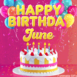 Pink-themed animated greeting with balloons, confetti, and a frosted cake under the message 'Happy Birthday June' in bold rounded yellow font.
