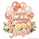 A bouquet of pastel roses and green leaves with Happy Birthday June animation