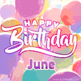 A vibrant name GIF featuring colorful balloons in shades of pink, orange, and yellow with the bold text 'Happy Birthday June' in festive fonts, creating a lively birthday vibe.