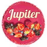 Beautifully decorated red velvet berry birthday cake with vibrant fruits and a glowing 'Jupiter' name, adding a touch of sweetness and sparkle.