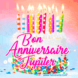 A white birthday cake covered in colorful sprinkles, topped with bright candles, and French text 'Bon Anniversaire Jupiter' on a pastel gradient background in an animated GIF.