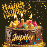 A delightful chocolate birthday cake with bright candles and 'Happy Birthday Jupiter' written in gold amidst a shower of animated stars.