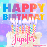 A vibrant animated name GIF with the words 'Happy Birthday Jupiter' with colorful candles on a creamy cake. The background sparkles with pastel shades, adding a festive touch.