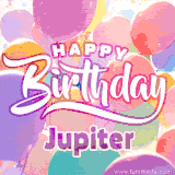 A vibrant name GIF featuring colorful balloons in shades of pink, orange, and yellow with the bold text 'Happy Birthday Jupiter' in festive fonts, creating a lively birthday vibe.