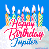 A cheerful animated GIF featuring colorful lit birthday candles on a white cake, with the text 'Happy Birthday Jupiter' in bold red and blue script on a bright blue background.
