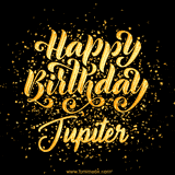 Animated GIF with colorful, festive 'Happy Birthday Jupiter' text decorated with patterns, a party hat, and falling confetti. A vibrant and cheerful design for birthday celebrations.