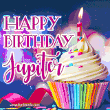A festive animated GIF featuring a colorful cupcake with a single lit candle, sprinkles, and 'Happy Birthday Jupiter' text against a sparkling, celebratory background.