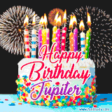A lively happy birthday animated GIF showcasing a colorful birthday cake covered in sprinkles, topped with glowing candles, and surrounded by vibrant fireworks. The name 'Jupiter' is featured in elegant script.