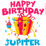 A funny animated birthday GIF with the words 'Happy Birthday Jupitera', colorful gift box with arms and legs, holding a cupcake with a lit candle  with confetti everywhere.