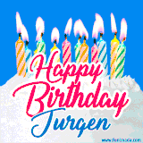 A cheerful animated GIF featuring colorful lit birthday candles on a white cake, with the text 'Happy Birthday Jurgen' in bold red and blue script on a bright blue background.
