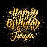 Animated GIF with colorful, festive 'Happy Birthday Jurgen' text decorated with patterns, a party hat, and falling confetti. A vibrant and cheerful design for birthday celebrations.