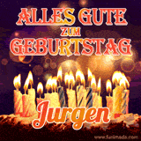 An animated GIF featuring 'Alles Gute Zum Geburtstag Jurgen' in glowing red and gold letters above a cake with colorful lit candles, set against a festive sparkling background.