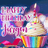 A festive animated GIF featuring a colorful cupcake with a single lit candle, sprinkles, and 'Happy Birthday Jurgen' text against a sparkling, celebratory background.