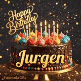 Close-up of colorful whipped cream toppings on a chocolate cake with flickering candles, custom-designed for Jurgen.
