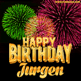 A captivating GIF with bursts of green, pink, and orange fireworks lighting up the night sky, accompanied by 'Happy Birthday Jurgen' in glowing golden text.