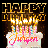 A vibrant animated GIF featuring a delicious birthday cake topped with glowing candles and the name 'Jurgen' in elegant script, and the words 'Happy Birthday' on the black background.