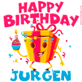 A funny animated birthday GIF with the words 'Happy Birthday Jurgena', colorful gift box with arms and legs, holding a cupcake with a lit candle  with confetti everywhere.