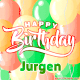 Animated GIF featuring colorful balloons in the background with the cheerful text 'Happy Birthday Jurgen'.
