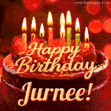 Beautifully decorated red velvet berry birthday cake with vibrant fruits and a glowing 'Jurnee' name, adding a touch of sweetness and sparkle.