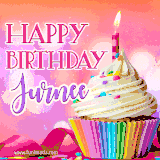 A vibrant birthday GIF featuring a rainbow-colored cupcake topped with white frosting, sprinkles, and a lit candle. The text reads 'Happy Birthday Jurnee' in bold pink and violet letters with white outline.